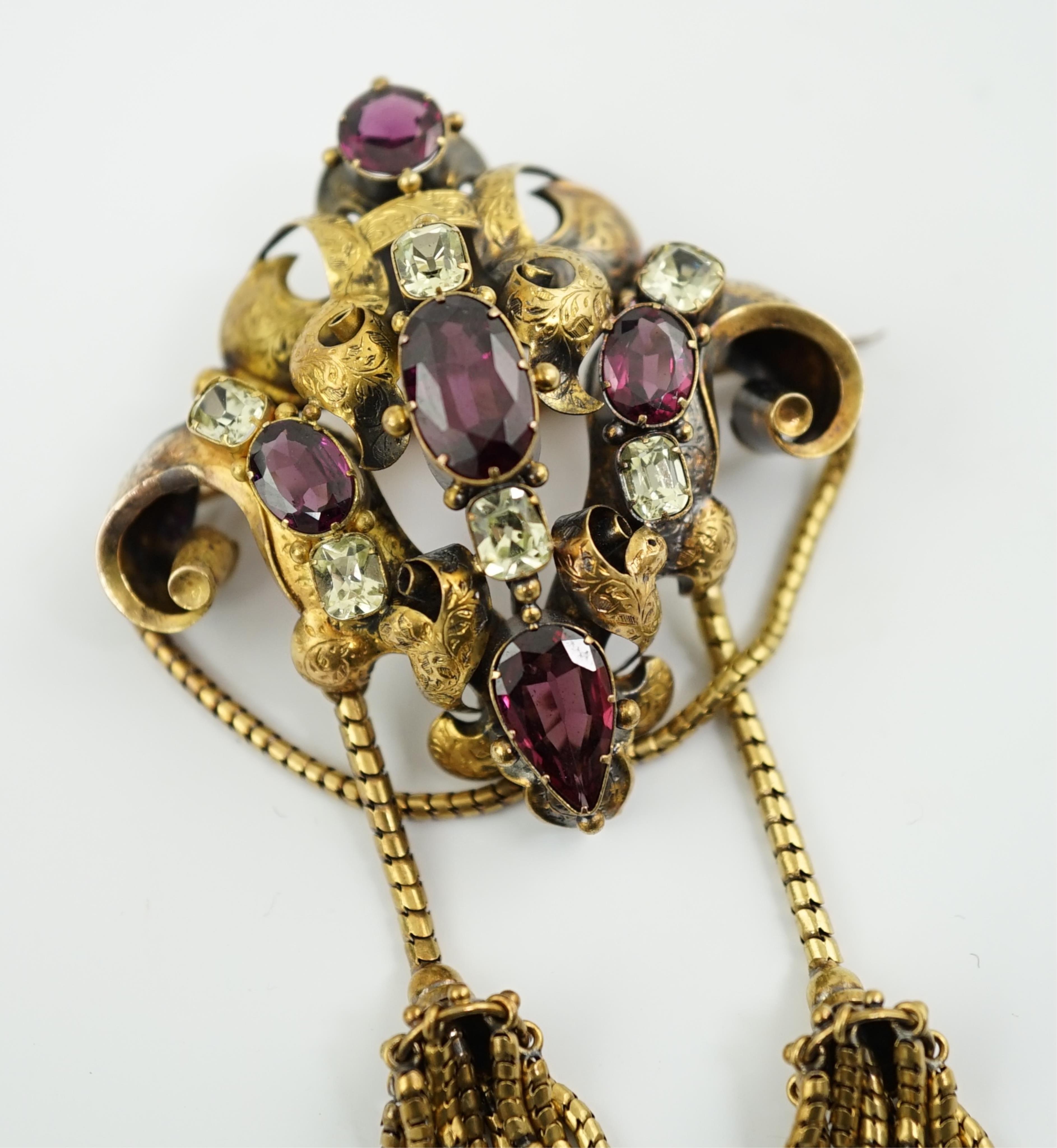 A Victorian gold, garnet and chrysoberyl? cluster set drop tassel brooch